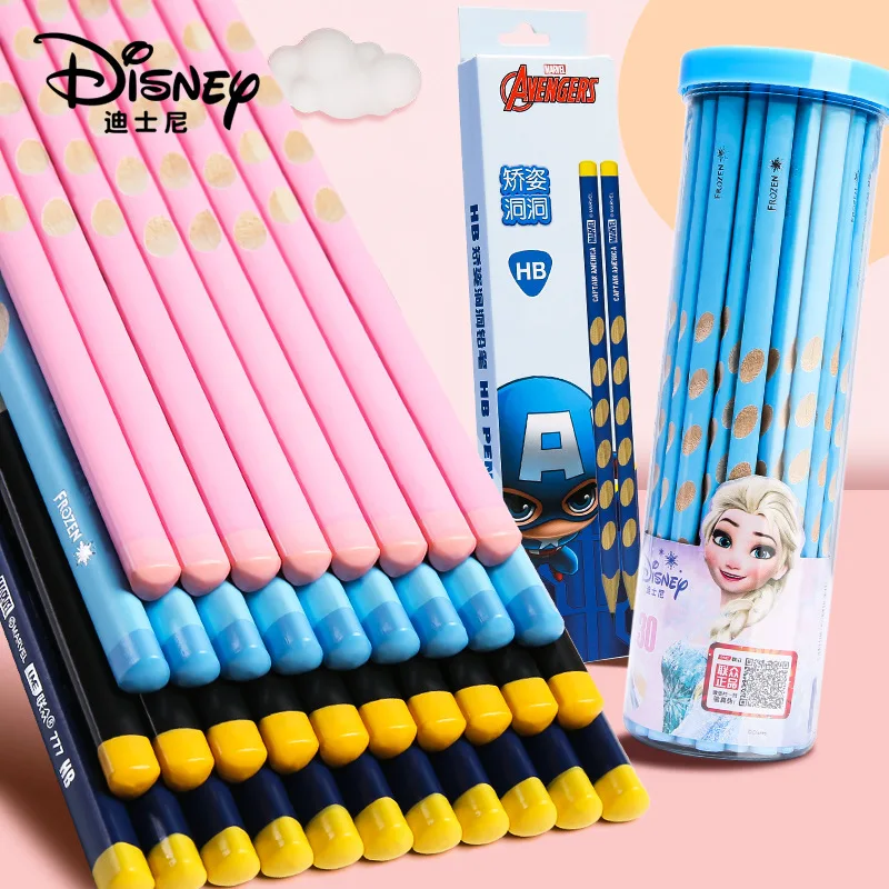 

12/30/50PCS Disney barrel HB positive posture hole pen student writing wooden creative dip top triangle pencil school supplies