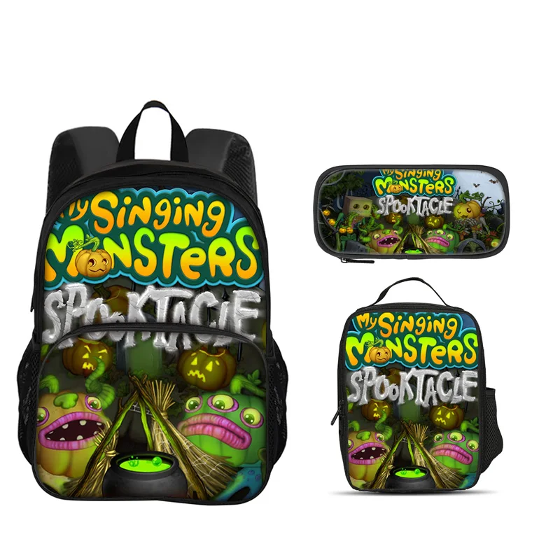 My Singing Monsters Round Front Bag Backpack Pen Bag ice Bag 3Pcs Set Printed Kindergarten Elementary School Boys and Girls
