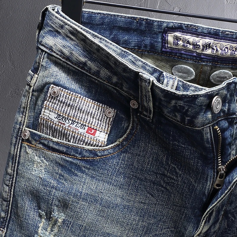 Newly Designer Fashion Men Jeans Retro Blue Elastic Stretch Slim Ripped Jeans Men Patchwork Vintage Casual Denim Pants Hombre