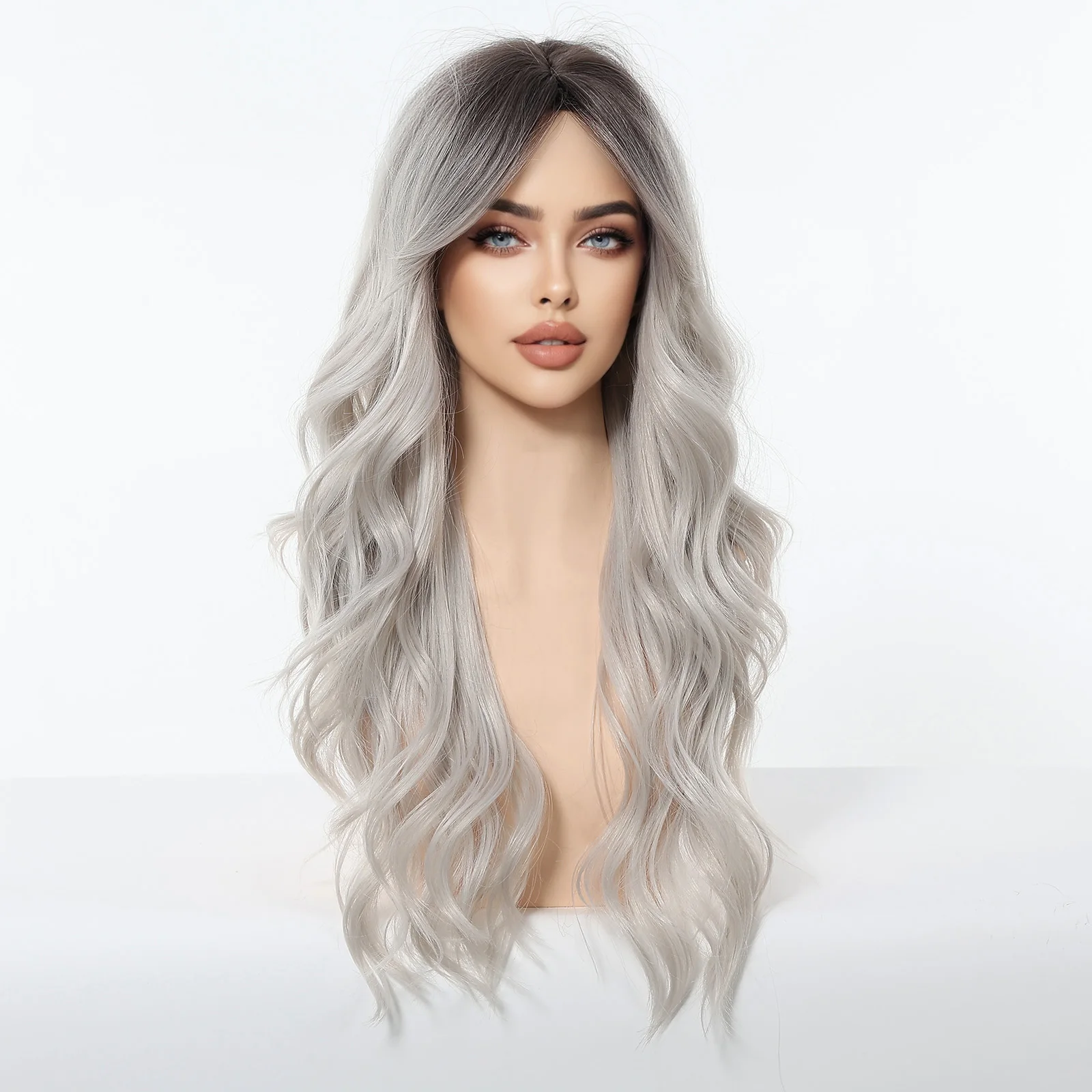 Allbell Magique – perruques synthétiques grises ombrées avec frange latérale pour femmes, faux cheveux naturels ondulés en Fiber résistante à la chaleur pour Cosplay de fête