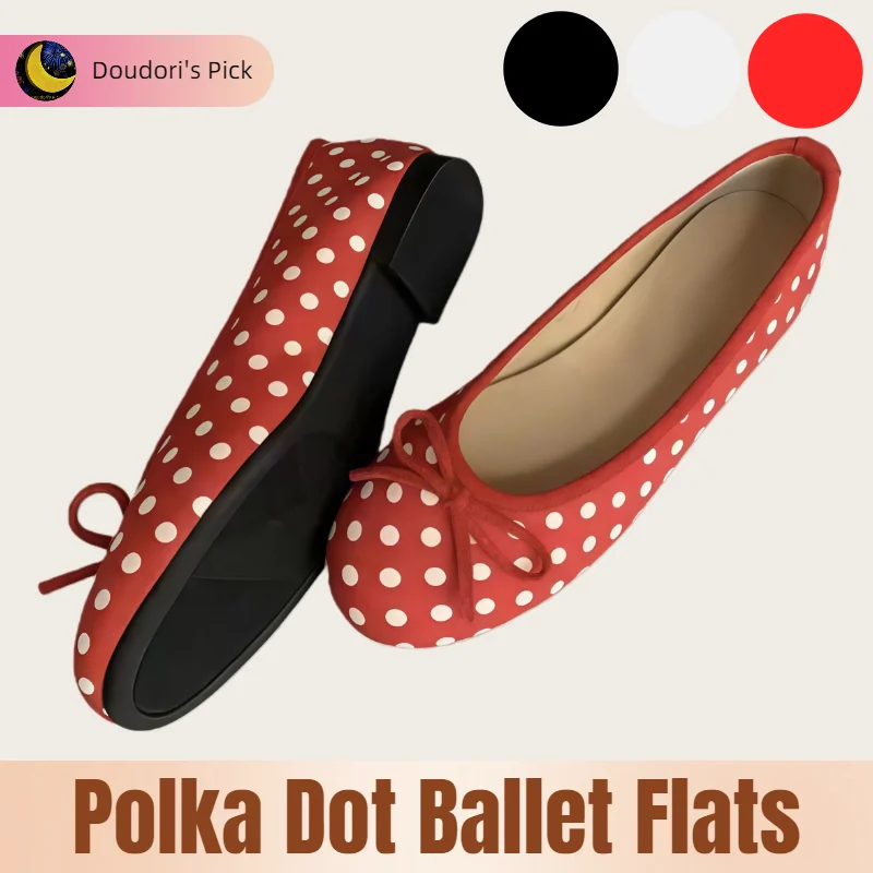 Bailarinas de estilo retro francés para mujer, color negro, blanco y rojo, con lazo de lunares