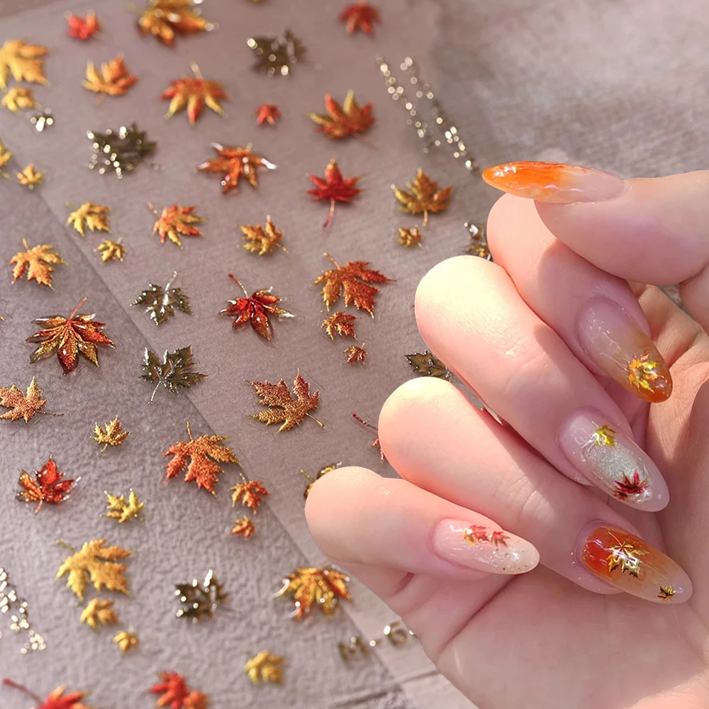 1Pcs 5D Glitter Autumn Jelly Maple Leaf Nail Art Stickers Gold-Foiled Jelly Embossed Romance Fall Leaves Nail Decal Maple Decor