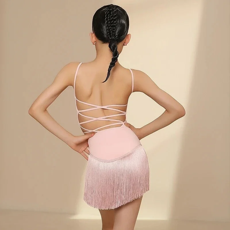 

2025 Summer New Children Latin Dance Set Clothing Girls Tops Fringe Skirt Cha Cha Rumba Practice Wear Latin Competition Dress