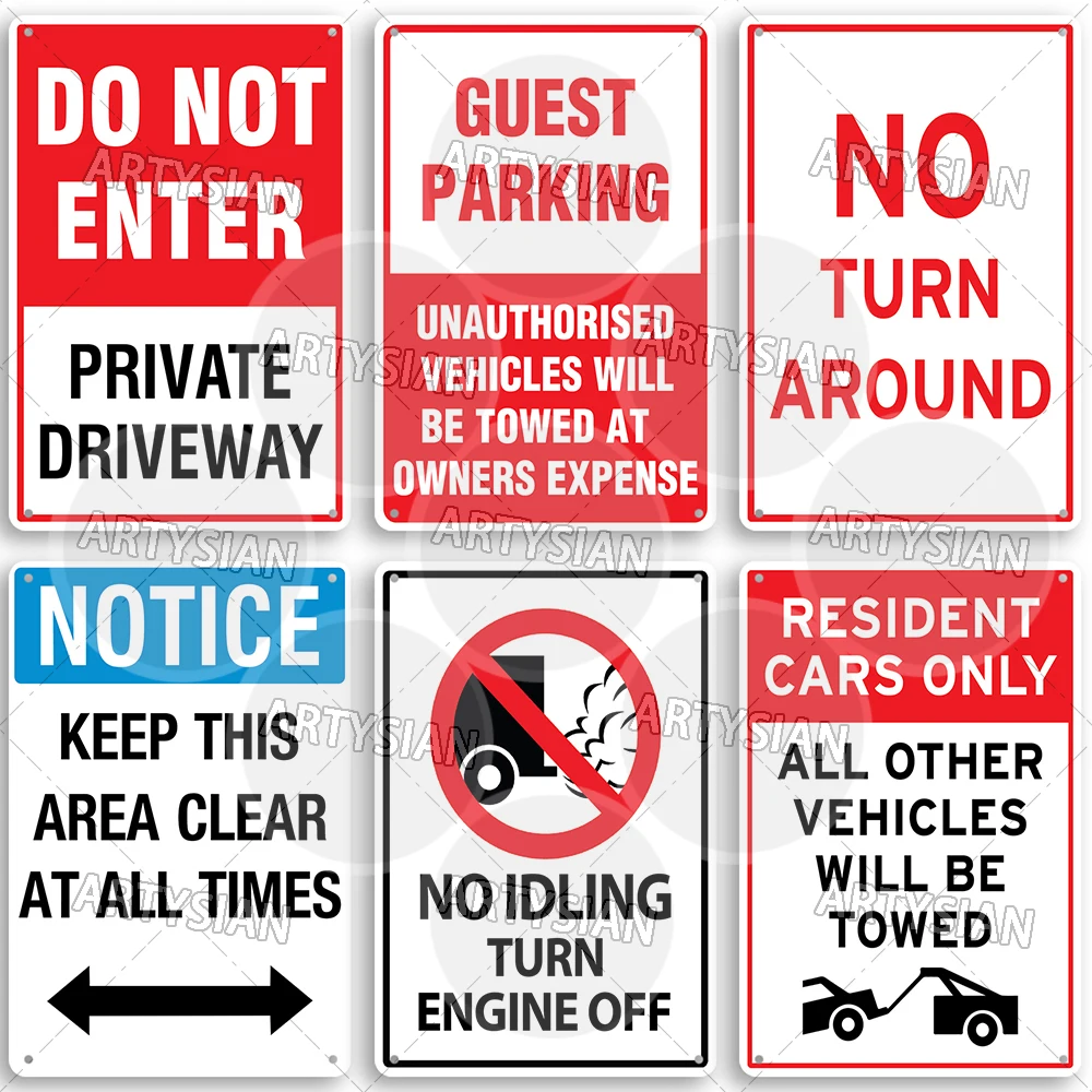 Restricted Parking Warning Metal Sign No Idling Turn Engine Off Private Driveway Guest Parking Parking at Your Own Risk Plaque