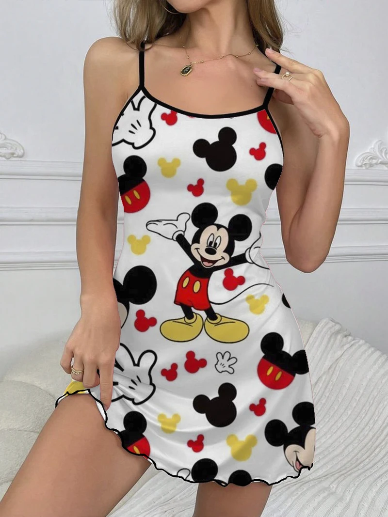 Vestido corto de Mickey Mouse con cuello redondo para mujer, minivestido elegante con ribete de lechuga, falda de pijama de Minnie Mouse, moda de verano, 2024