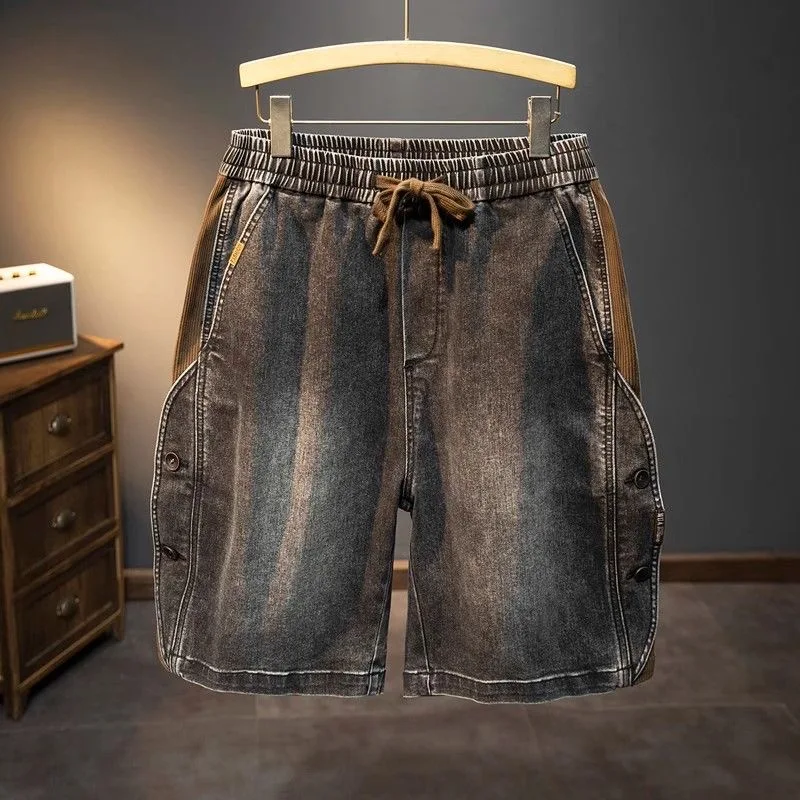 شورت جينز أمريكي ثقيل الوزن للرجال، شورت جينز صيفي فضفاض بخصر مطاطي #5