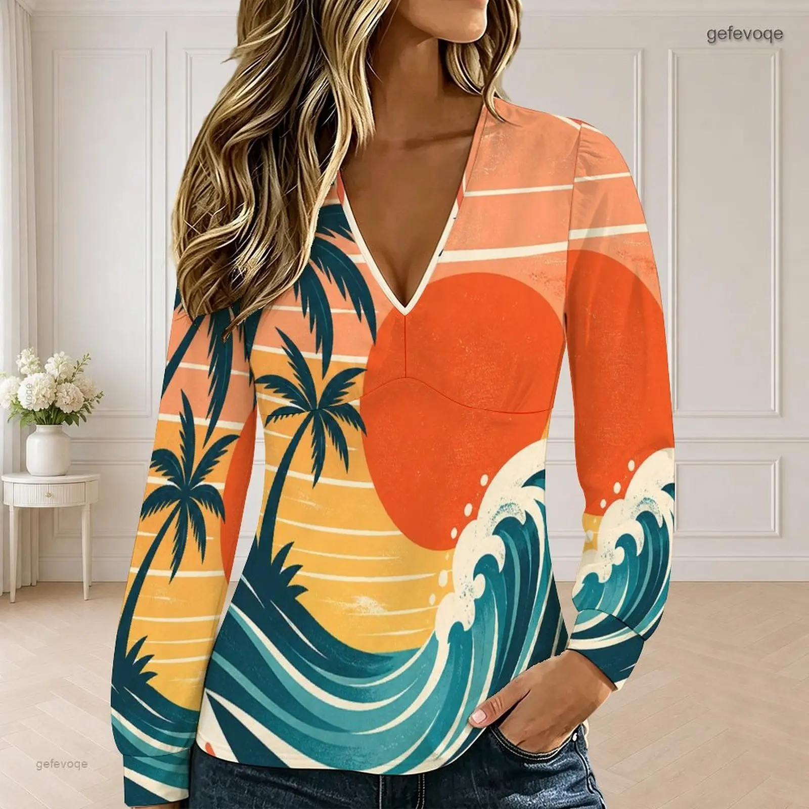 Women V Neck Long Sleeve Top Sunset Palm Tree Ocean Wave Print