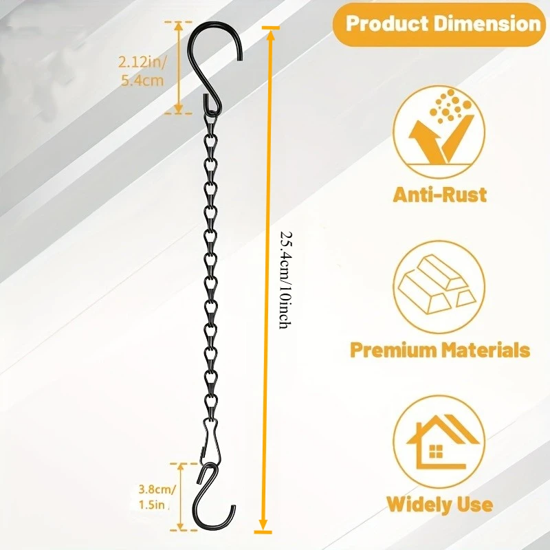 10in Black Iron Hanging Chain with S Hooks, Adjustable Multi-Use Plant Hanger for Flower Basket Lantern Bird Feeder