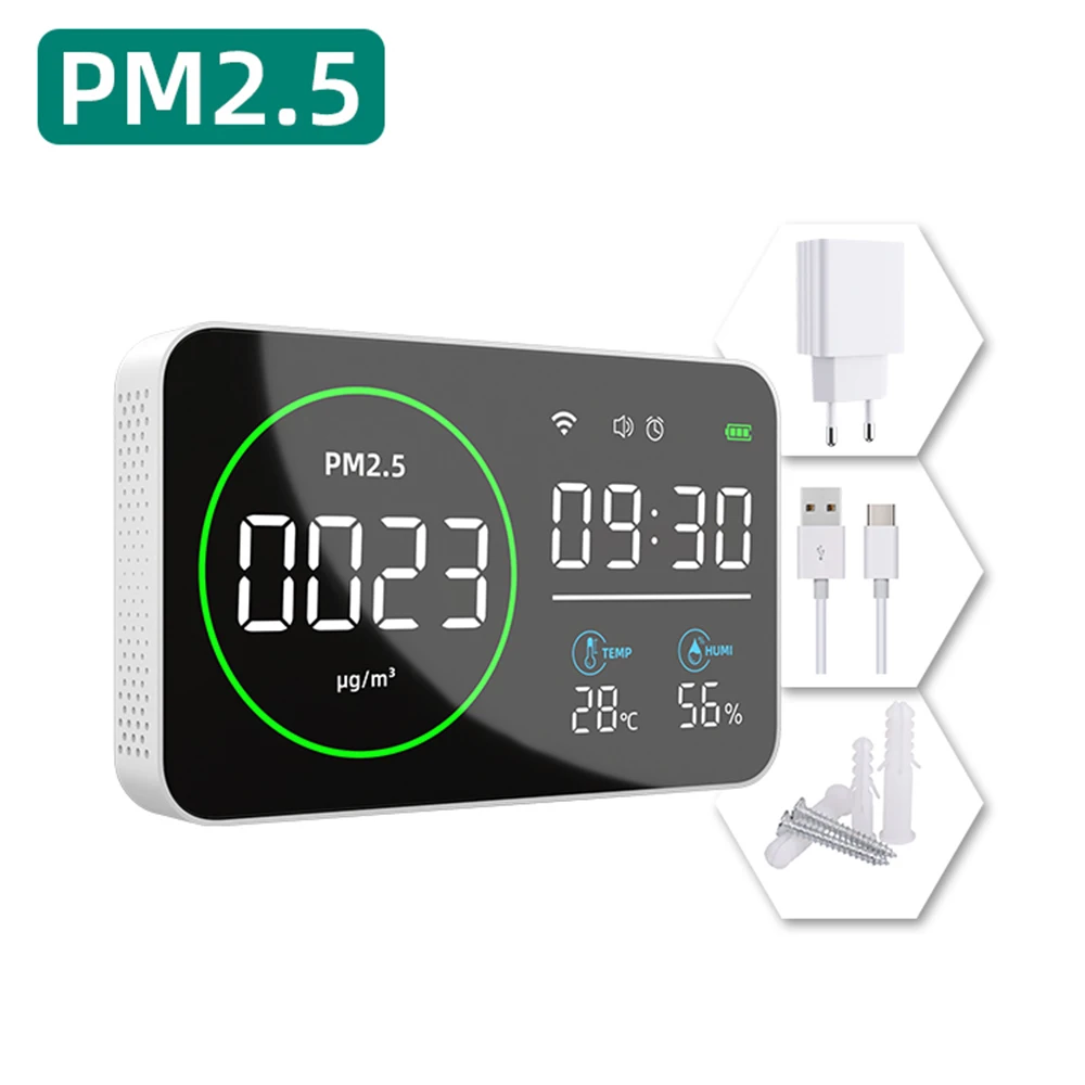 WiFi Smart Air Quality Detector Large Screen PM2.5 Monitor 4 in 1 PM2.5 Temperature Humidity Tester Alarm Clock for Home