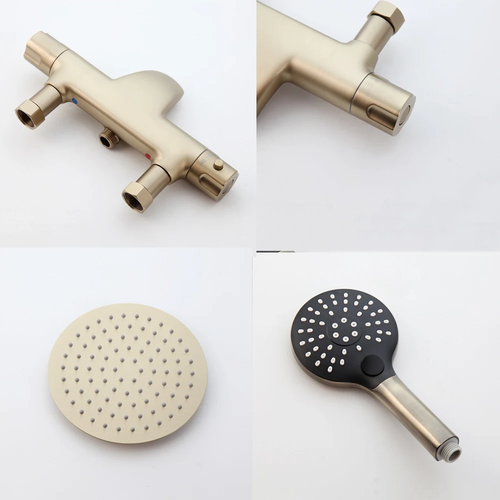 ZAPPO Brushed Gold Thermostatic Shower Set Brass Bathroom Shower System with Rainfall Head & Handheld Shower Faucet  Luxury