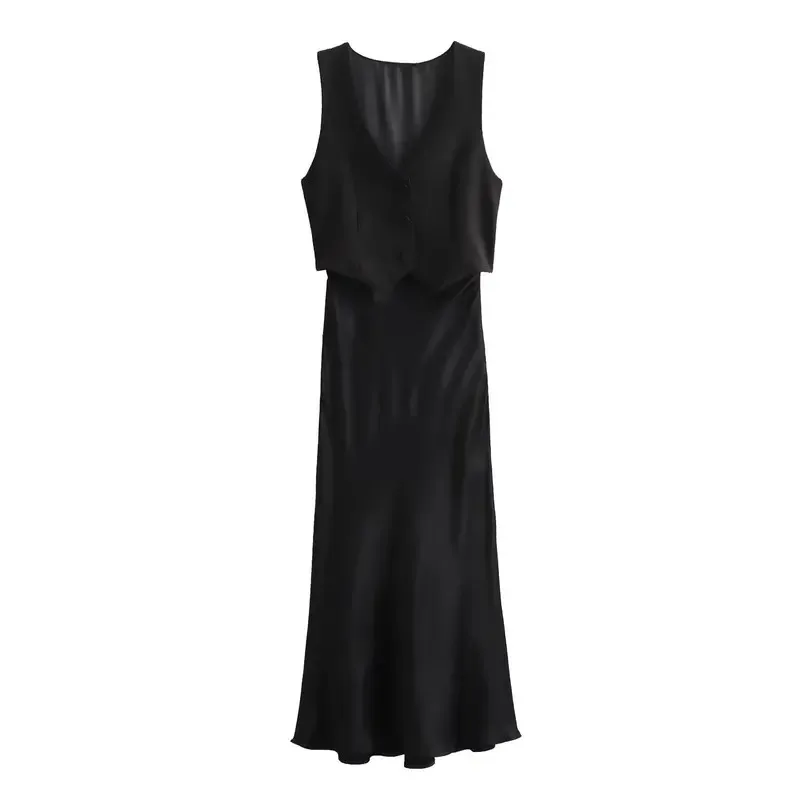 

Elegant V-neck Satin Long Skirt Robe for Women Summer Black Evening Dress Luxury Ladies Gown