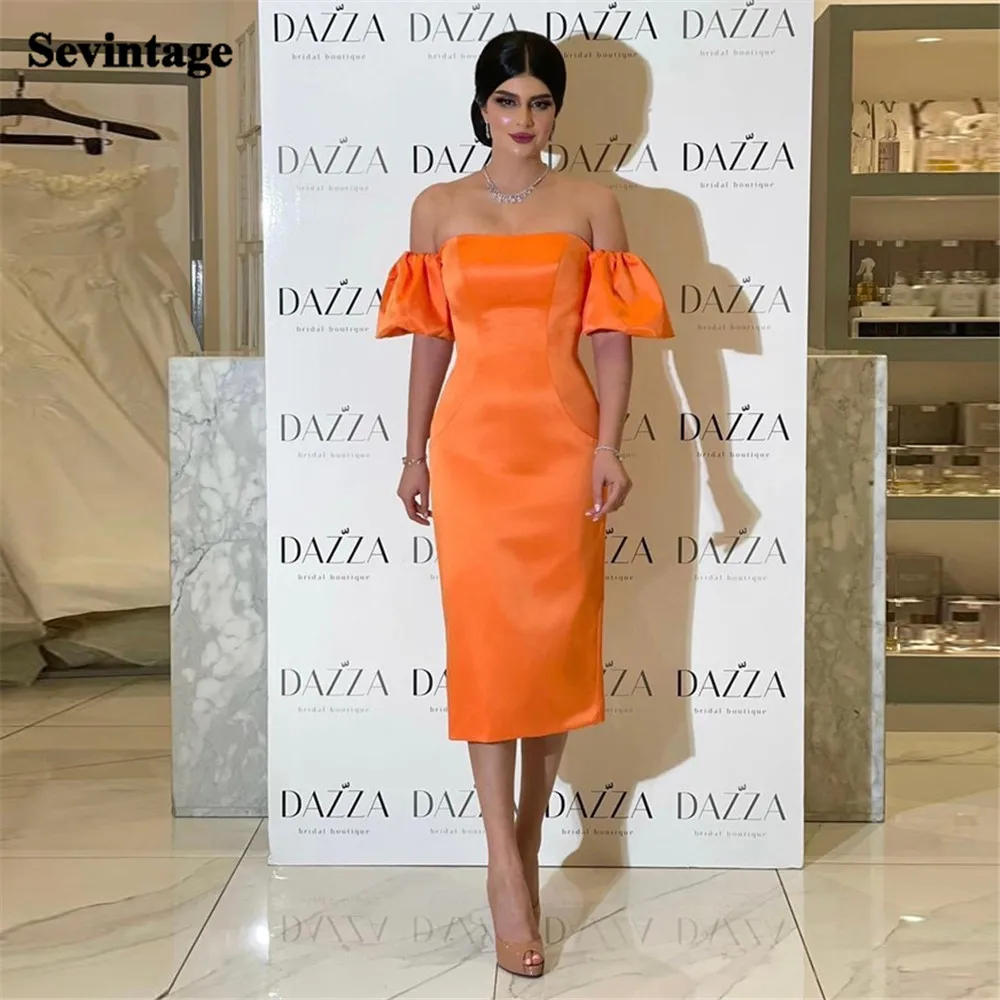 

Sevintage Simple Orange Mermaid Prom Dresses Off The Shoulder Puff Sleeves Formal Evening Dresses Pleated Women Party Gowns 2023