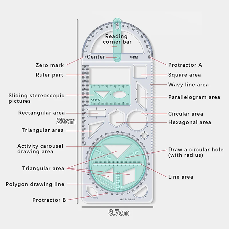 Regla geométrica de dibujo multifuncional para la escuela primaria, regla triangular, juego de transportador de brújula, herramienta de medición