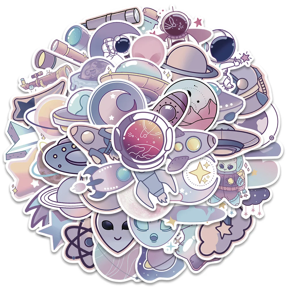 50pcs Cute Cartoon Purple Planets Aliens Stickers For Luggage Guitar Phone Waterproof Graffiti Laptop Decals