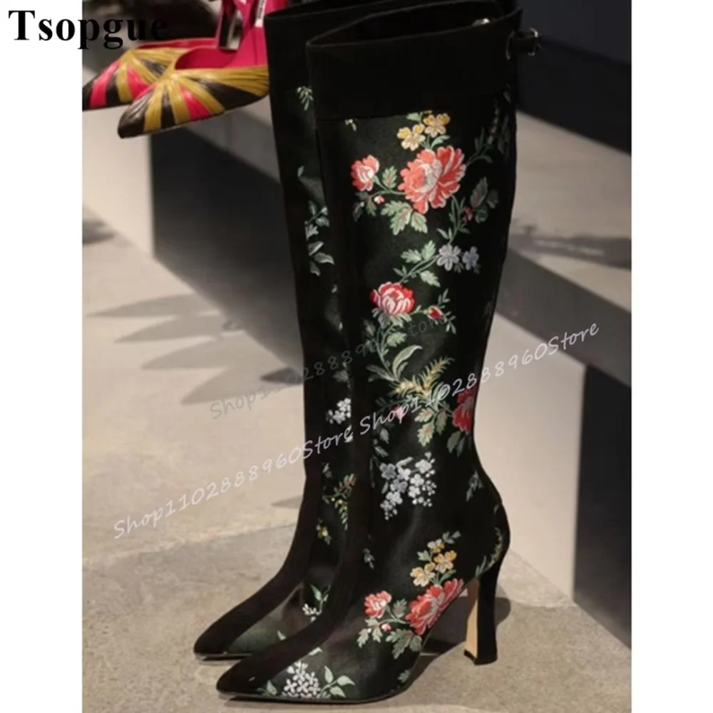

Knee High Black Flower Print Patchwork Boots Thin High Heel Shoes For Women Pointed Toe Luxury Casual Trending Women Boots