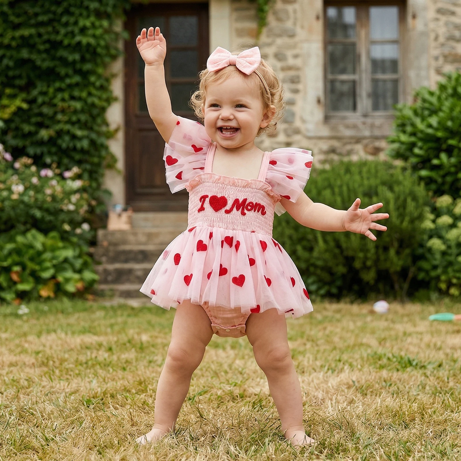 Infant Baby Girl Mother's Day Romper Dress Smocked Heart Letter Embroidery Fly Sleeve Tulle Skirt Hem Bodysuit with and Headband