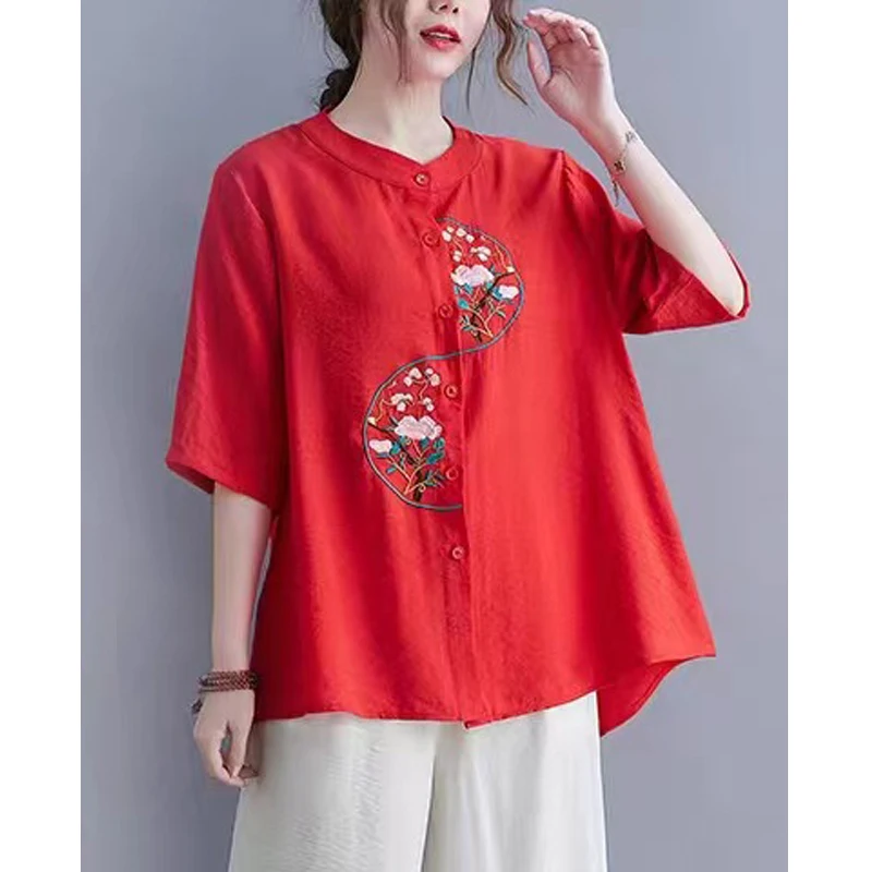 New Summer Women\'s Chinese Ethnic Style Embroidery Shirt Vintage Stand Collar Cotton Linen Blouse Ladies Loose Short Sleeve Tops