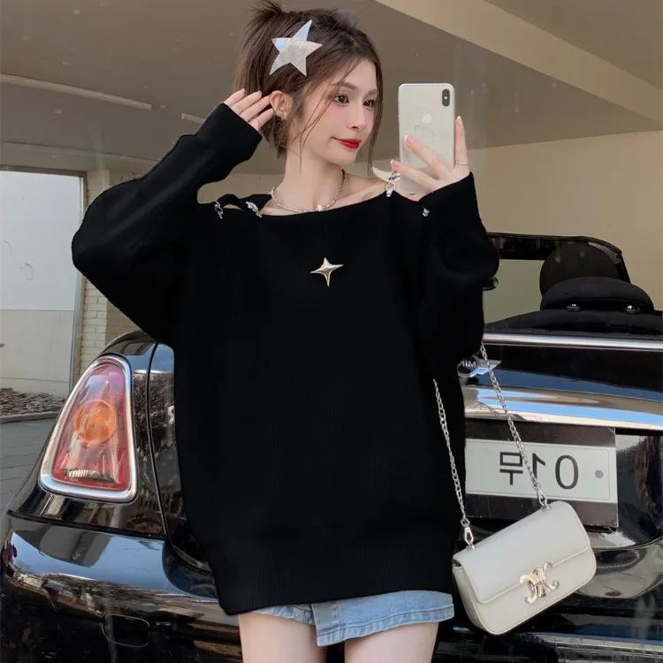 Korejepo Metal Buckle One Word Shoulder Off The Shoulder Pullover Sweater Women Autumn Design Niche Knitted Sweater Top Trendy