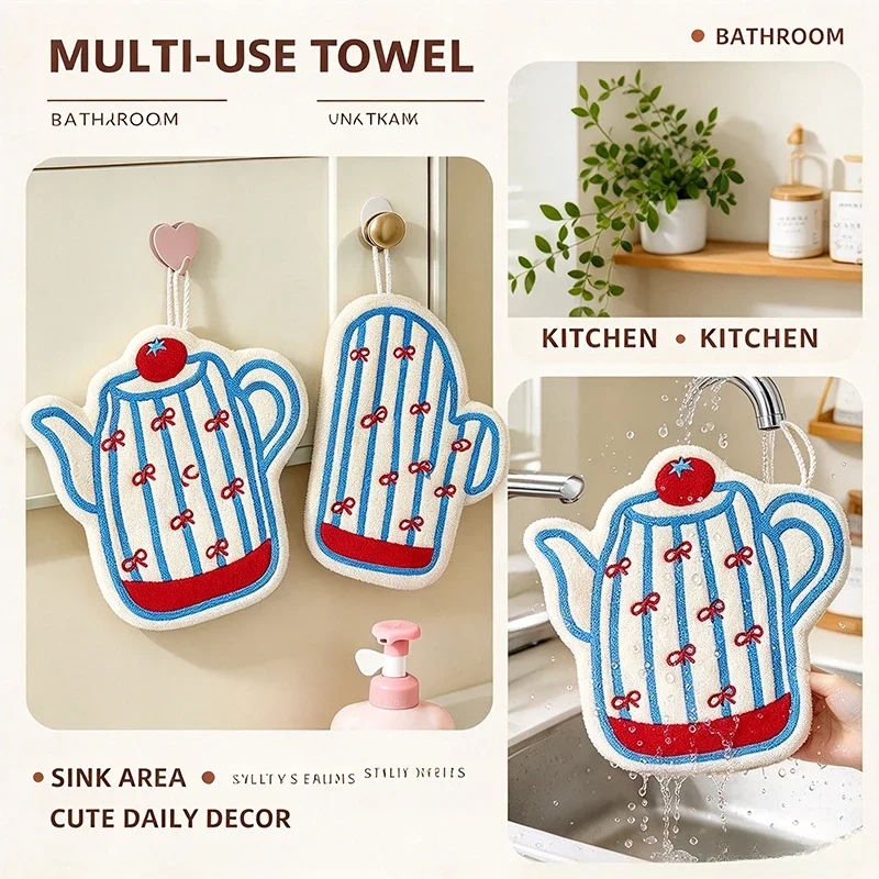 Coral Fleece Hanging Hand Towel Soft Absorbent Quick Dry Cleaning Cloth for Kitchen Bathroom Home Decor and Daily Household Use