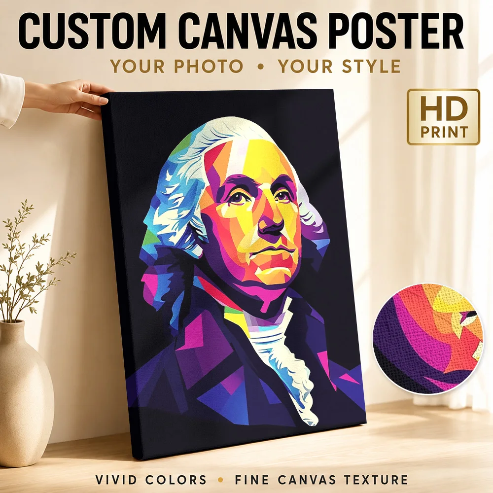 George Washington Portrait Canvas Poster Customized Photo Geometric Color Blocking Wall Art For Reading Nook, Collector Gift