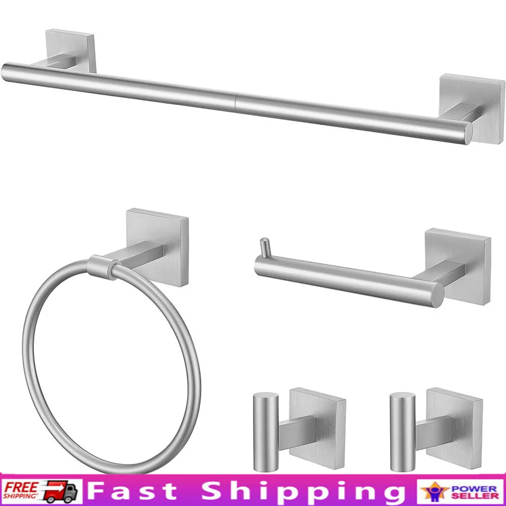 

5pcs Bathroom Hardware Set Towel Bar Toilet Paper Holder Towel Ring Wall Mounted Stainless Steel Round Design Easy Installation