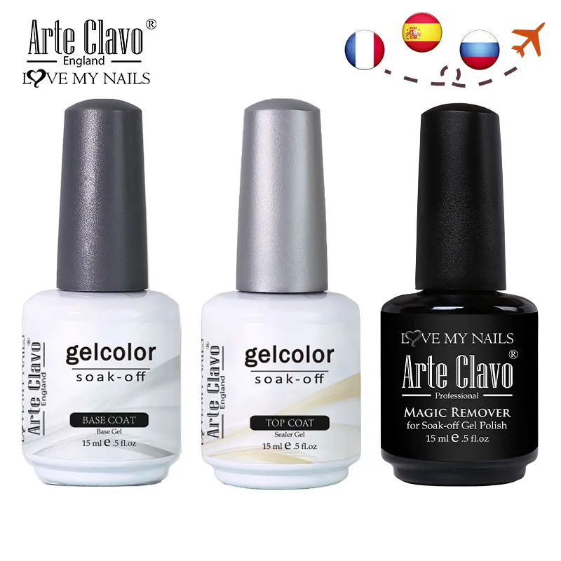 

Arte Clavo 15ml Top Coat Base Coat Magic Remover Gel Nail Polish Set ES RU 4 Colors Set Semi Permanent Nail Art Clean Primer