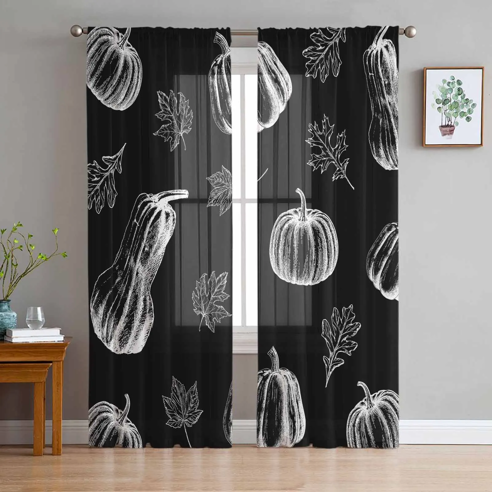 

Thanksgiving Autumn Pumpkin Sheer Curtains for Living Room Modern Home Decor Tulle Curtain Bedroom Voile Drapes