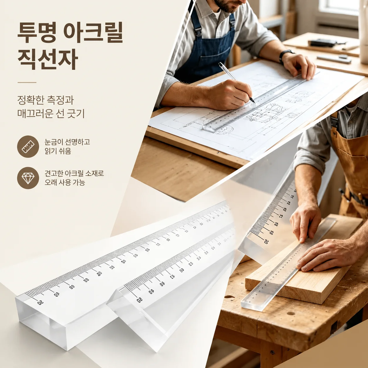 초고투명 아크릴 자 10mm 두께, 산업용 건축 스케일 헤비듀티 측정 및 커팅 도구, 20/30/50cm