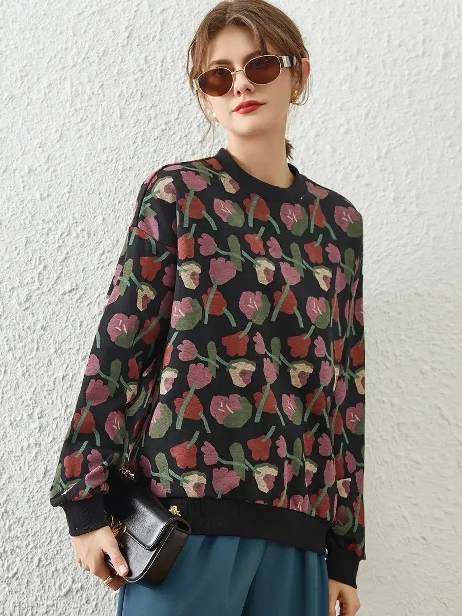 LOUIS YAO Women Sweatshirt 2024 Spring New Round Neck Long Sleeve Pullover Retro Print Flower Loose Fit Casual Tops