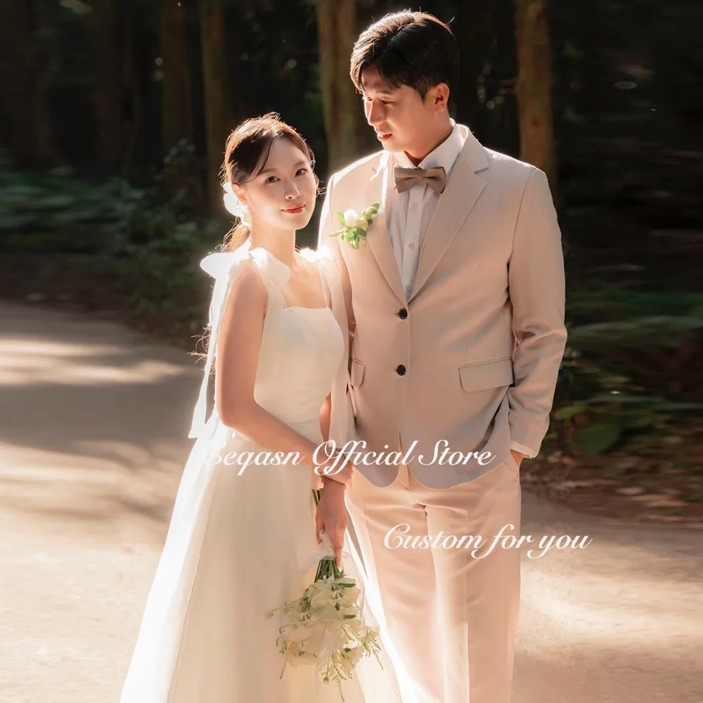 Simple Long Korean Wedding Dresses Photo Shoot A Line Organza Bow Straps Bridal Gown A Line Custom Wed Bride Dress Customized