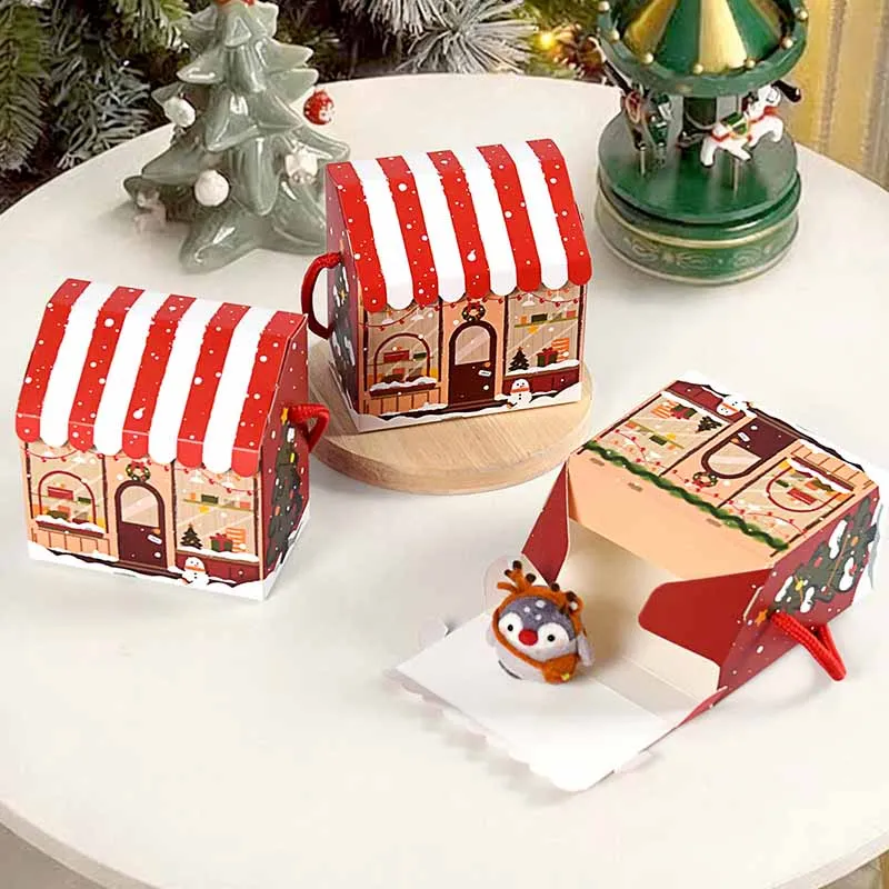10/20 Stück Weihnachtshaus-Papier-Süßigkeitenbox mit Griff Frohe Weihnachten Geschenkverpackung Schokoladenboxen Navidad Neujahrsparty-Dekoration