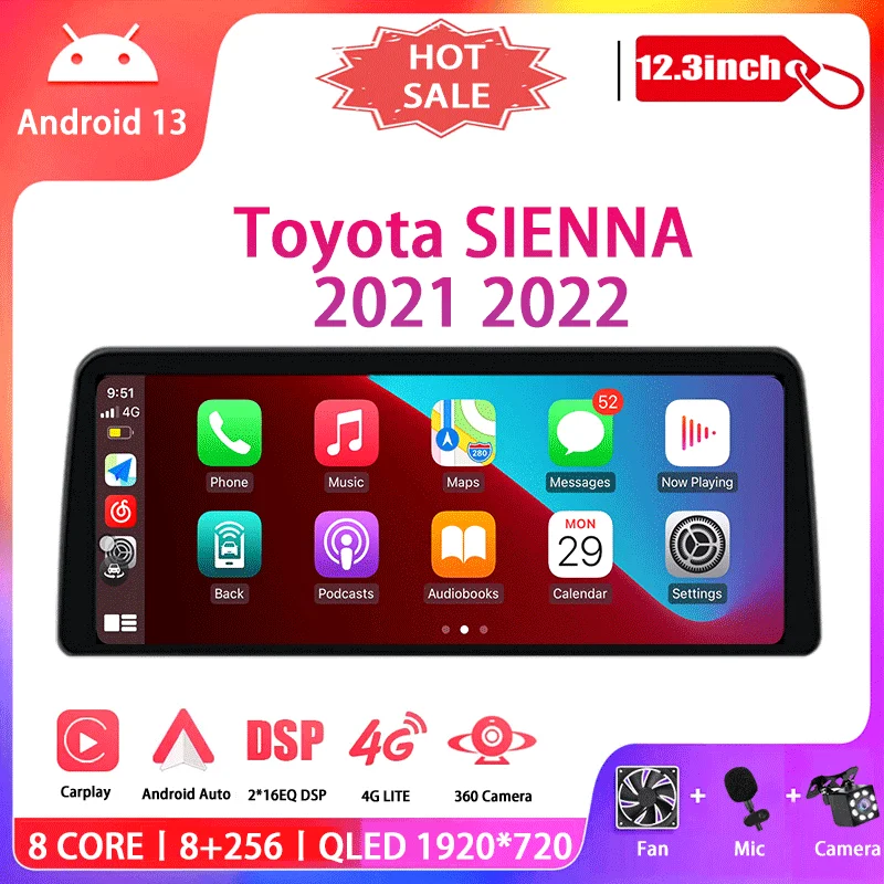 

For Toyota SIENNA 2021 2022 12.3 inch Screen Car Multimedia Video Player GPS Navigation Radio Android 13 8+128G 5G Carplay DSP