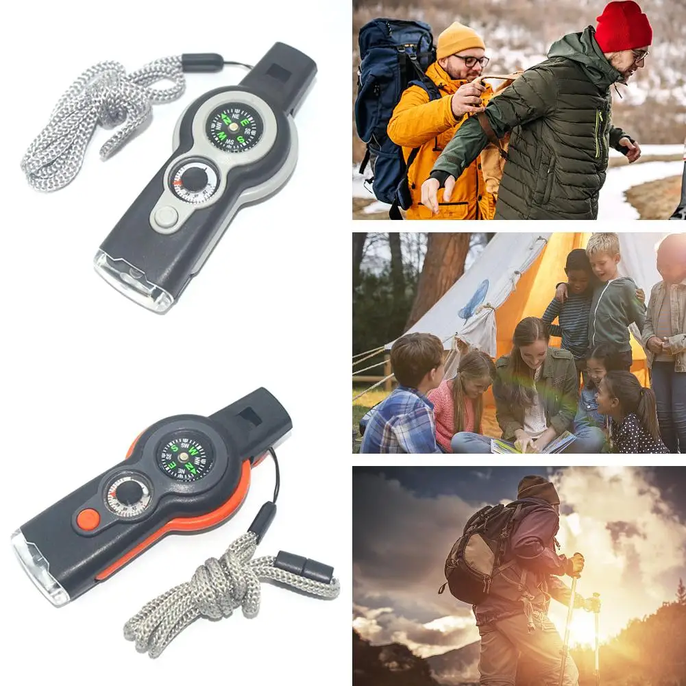 7 In 1 Multi-function Outdoor Whistle Army Green High Flashlig Signal White Decibel Mirror Thermometer Compass Life-saving B6N1