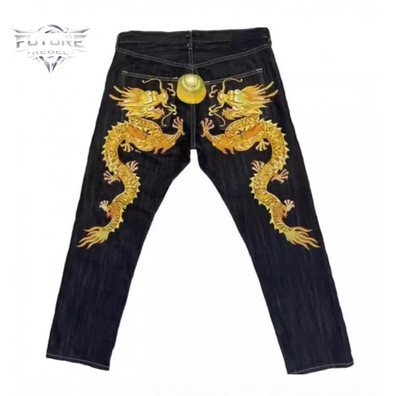 

American Hip Hop Golden Dragon Embroidered Jeans Unisex Y2k High Street Loose Denim Pants Casual Vintage Streetwear Harajuku New
