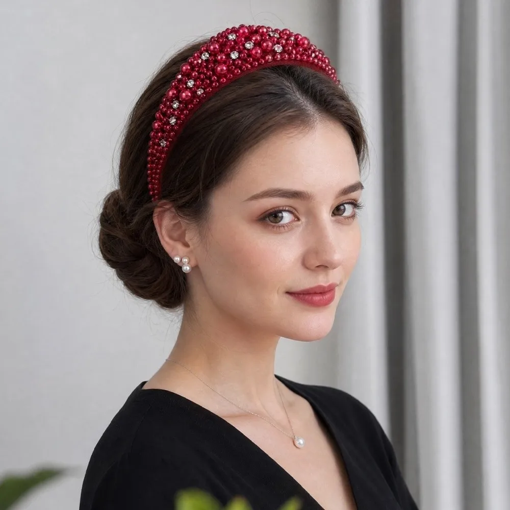 Crystal Hairbands Luxurious Pearl Headbands Vintage Puffy Sponge Hair Hoop Handmade Beaded Rhinestone Tiara Women