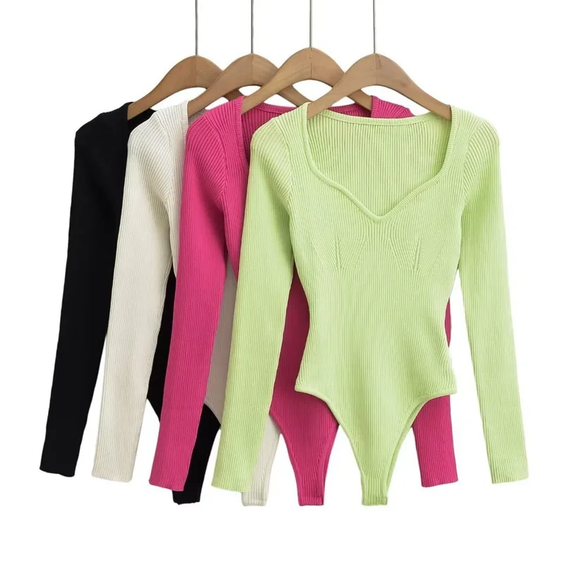 

Bodysuit Women Knitted Long Sleeve V Neck Black Beige Green Top Sweater Bodyshuit