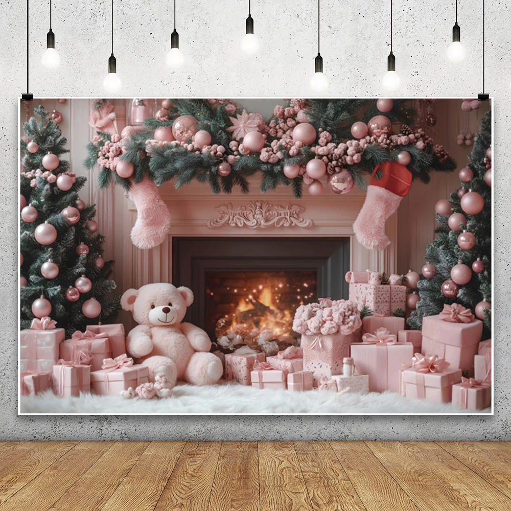 Pink Christmas Photography Backgrounds Retro Wall Teddy Bear Fireplace Xmas Tree Gift Kids Portrait Family Party Decor Backdrops