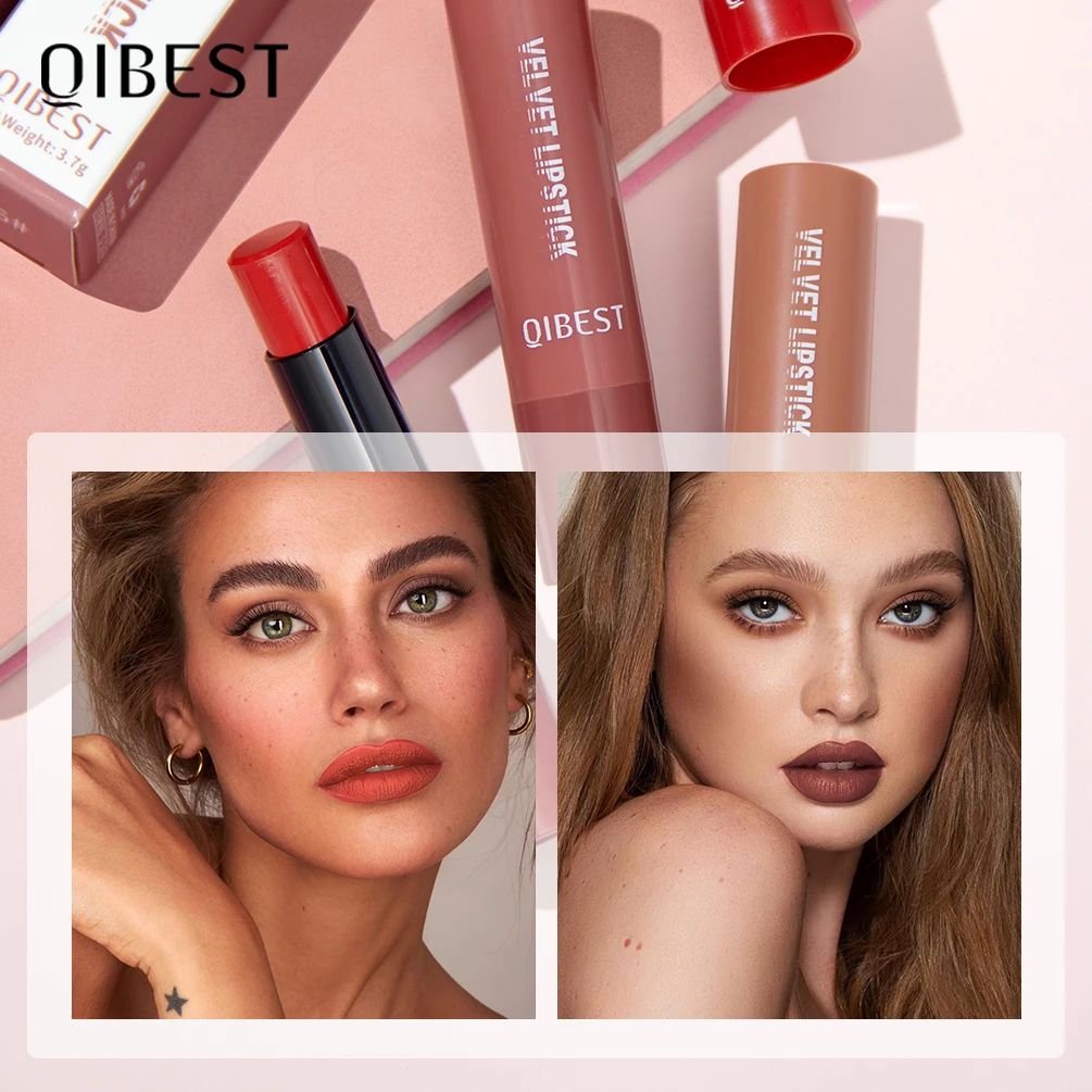 QIBEST Nude Lipstick Matte Lip Gloss High Pigment Makeup Classic Sexy Lipgloss Non-Stick Cup Long Lasting Red Lip Tint Cosmetics