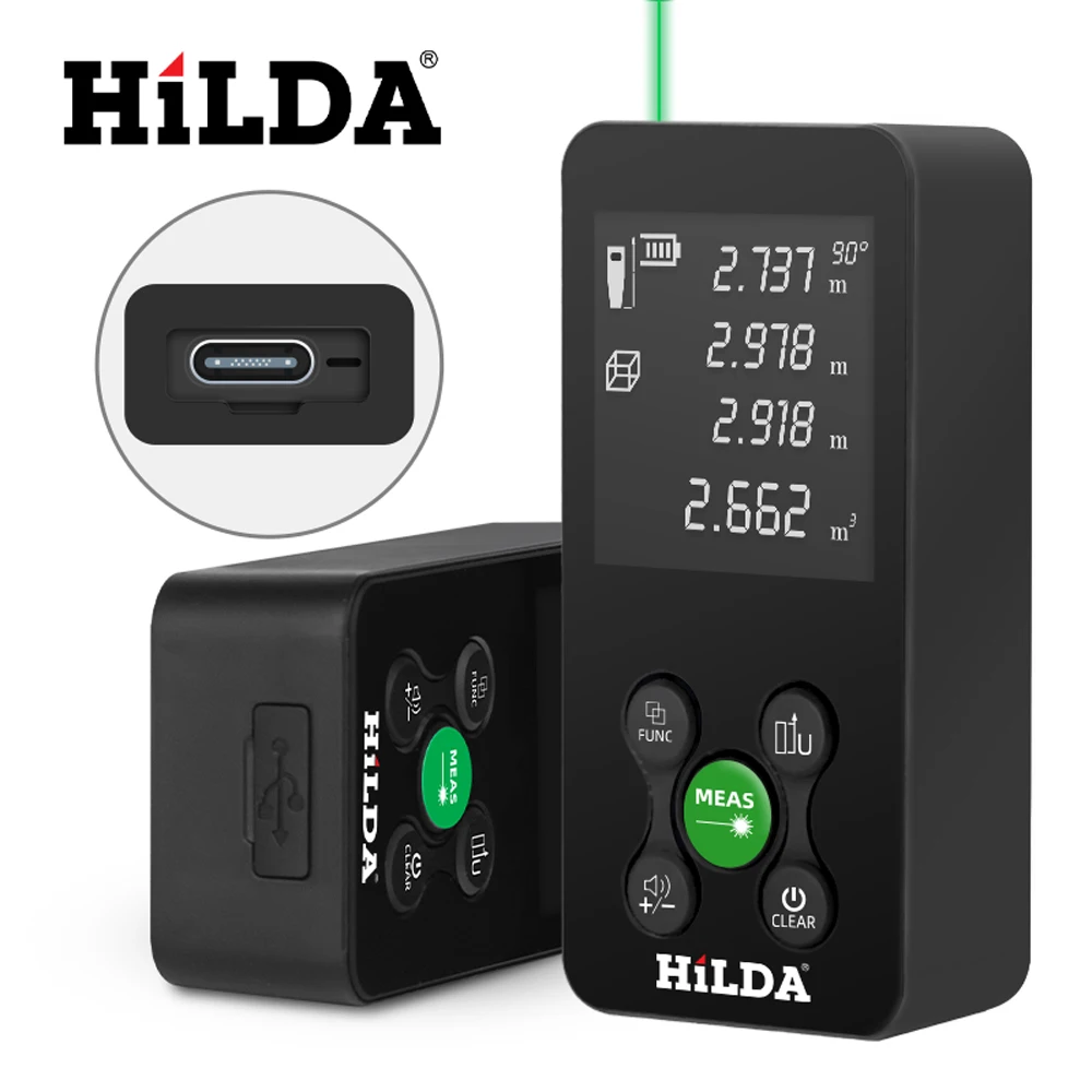 HILDA 50/100/120M Laser-Entfernungsmesser, rotes/grünes Licht, Laser-Entfernung, digitales Klebeband, wiederaufladbar und messbarer Winkel, Lasermaß – Detail 8