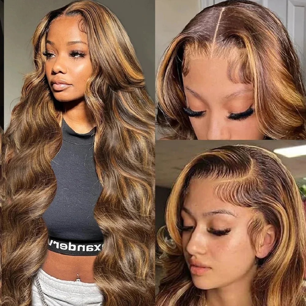 P4/27 Highlight Colored 200 Density Body Wave Human Hair Wigs For Women 13x4 13x6 HD Transparent Full Lace Frontal Wigs 46 Inch