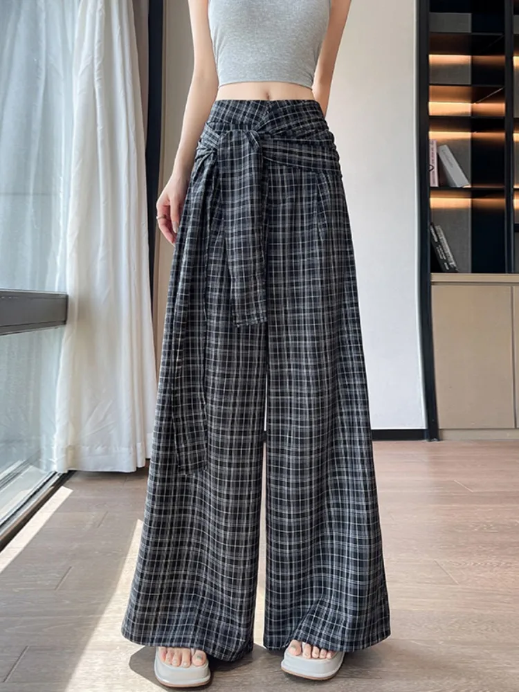 Pantaloni a Gamba Larga a Vita Alta con Motivo Scozzese Blu Retrò, Pantaloni Estivi da Donna, Larghi e Snellenti, Casual, Lunghi con Cintura, Gamba Dritta...