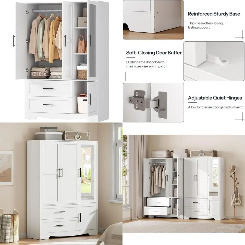 

Белый деревянный шкаф для спальни 70,9 с зеркалом, 4 дверцами, 2 ящиками, регулируемыми полками, подвесной штангой