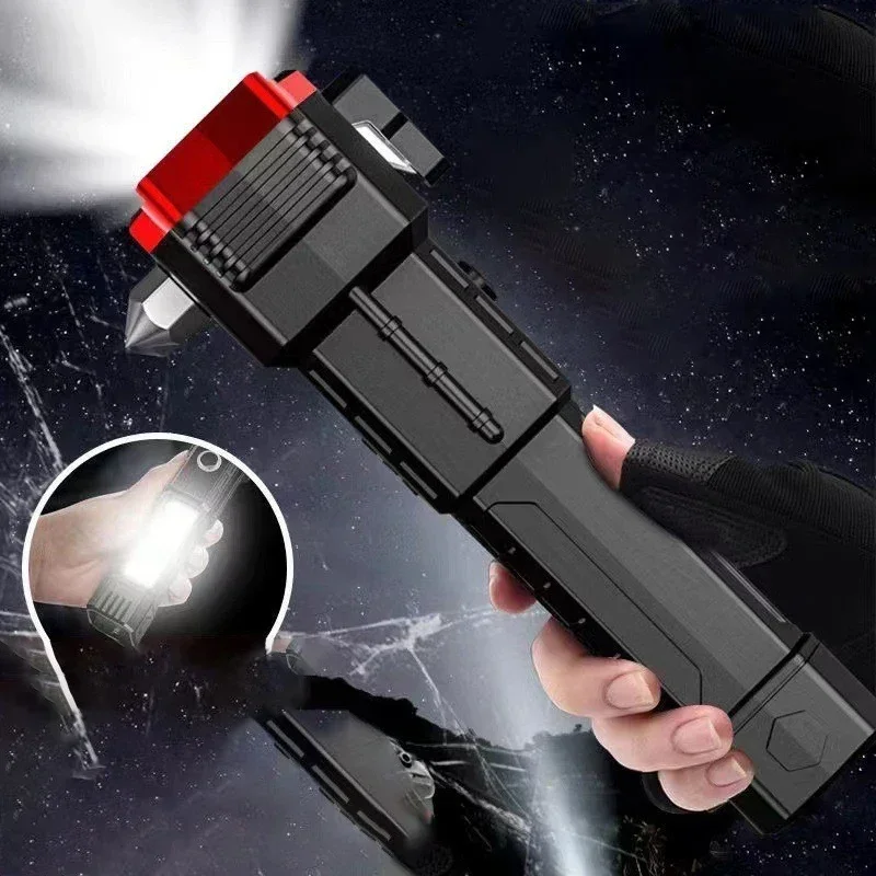 Multifunctional USB Rechargeable High Brightness Flashlight Car Safety Hammer Handheld Flashlight Outdoor Home Searchlight