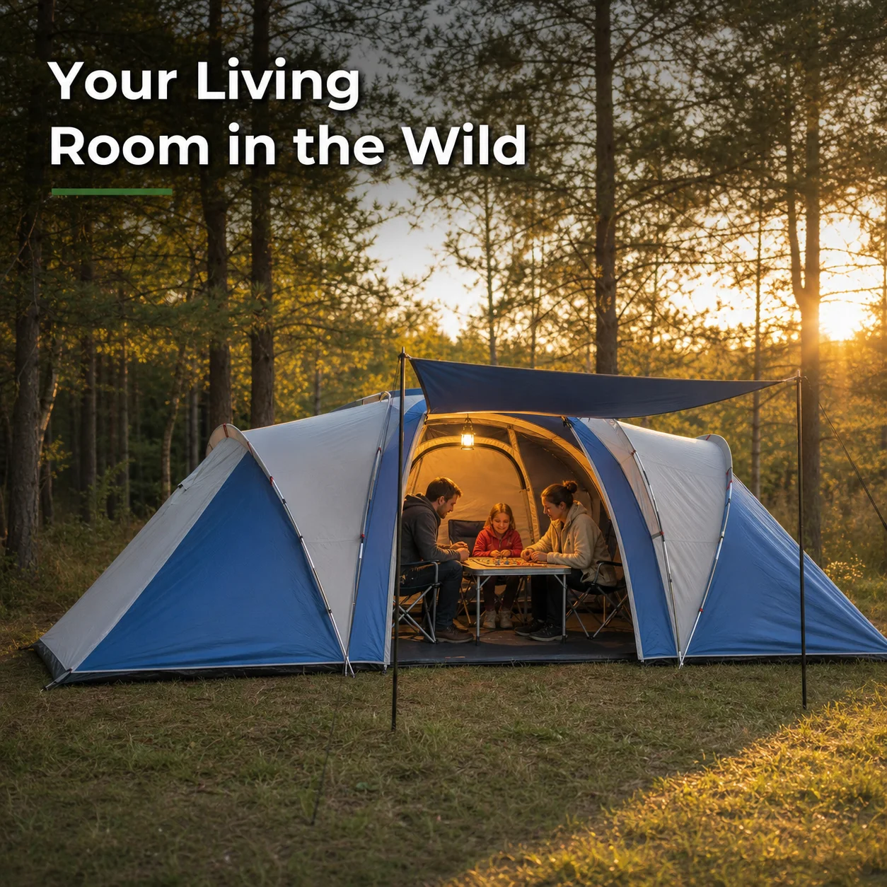 Tente de camping familiale tunnel double couche 2 chambres avec séjour pour 12 personnes, capacité 4-5 personnes, bleue, imperméable, pour l'extérieur