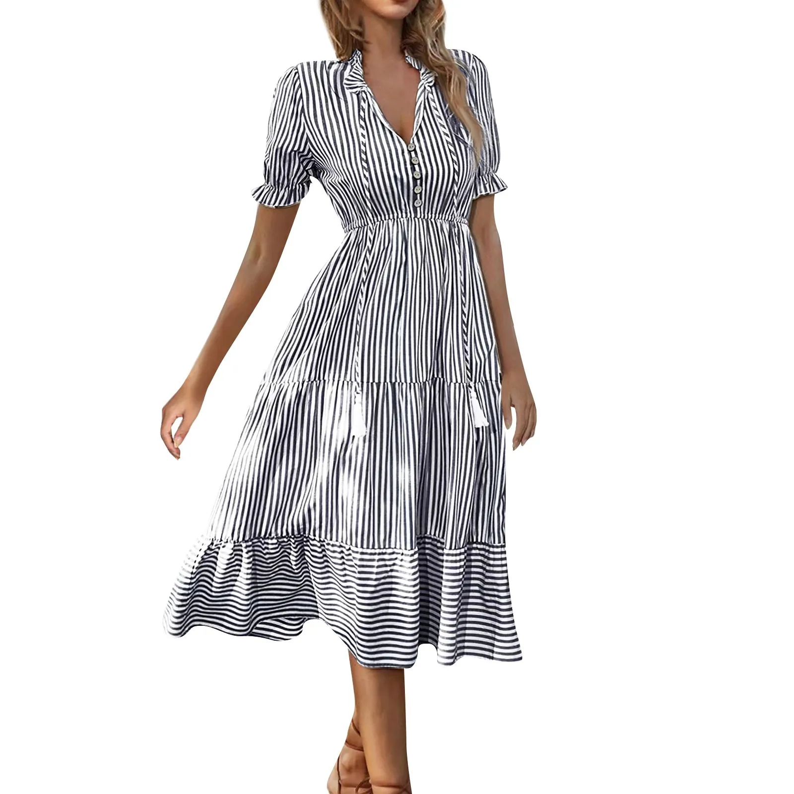 Women'S Striped V-Neck Dresses Summer New Elastic High Waist Short Sleeve Swing Dress Daily Date Vacation Matching Dress