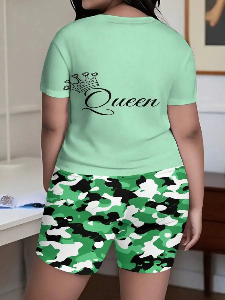 

Women Plus Size Short Sleeve T-Shirt And Camo Shorts Set Green White Black Casual Comfortable Knit