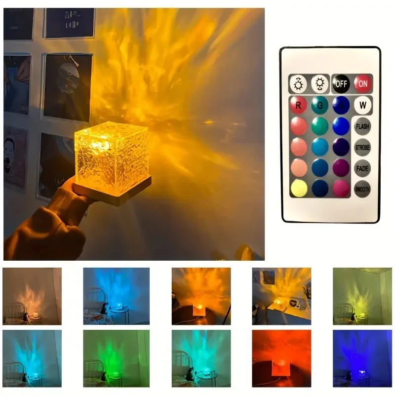 Projecteur d'ondulation de l'eau rotatif dynamique, lampe en cristal de flamme, veilleuse, salon, étude, chambre à coucher, décor de chevet, 3/16 couleurs