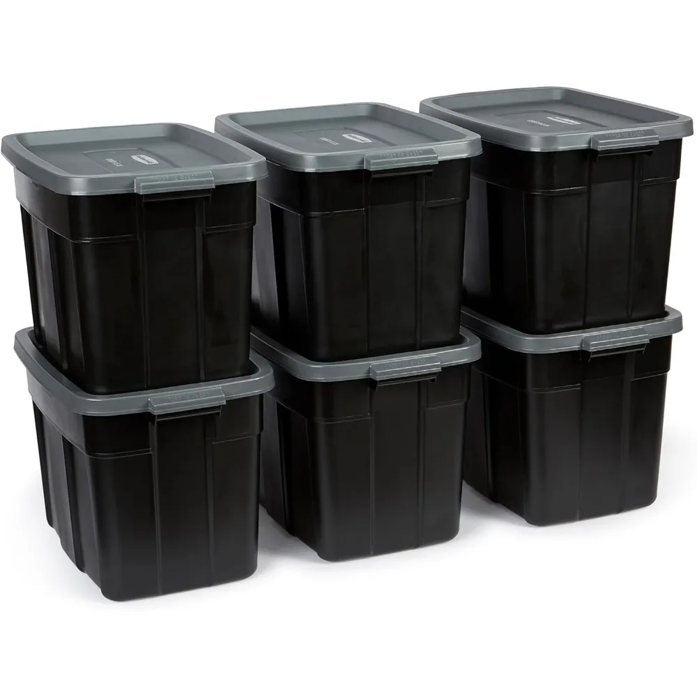 Rubbermaid Roughneck Tote 18 Gal - 6 Pack ,Made in the USA, Black & Grey, Rugged Plastic Stackable Storage Tote with Lid and