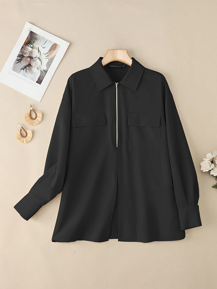 

ZANZEA женские элегантные шикарные черные блузки с лацканами и длинными рукавами, полумолния с разрезом по подолу, блузка с завязками сзади, осень 2021, уличная одежда, топы