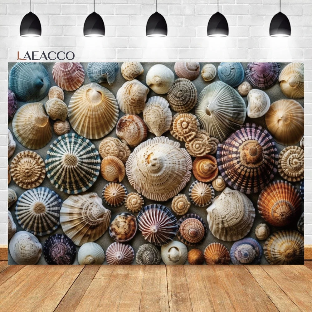 Laeacco Seaside Beach Backdrop Starfish Conch Mussel Shells Shell Pure White Sandbeach  Summer Holiday Photography Background